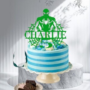 Personalized Superhero Birthday Cake Topper, Glitter Card Spider Web Design image 8