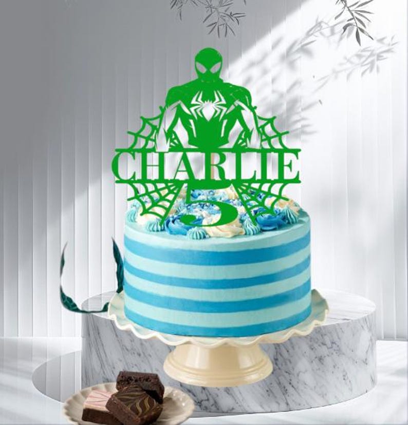 Personalized Superhero Birthday Cake Topper, Glitter Card Spider Web Design image 8