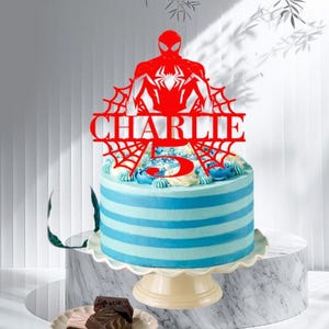Personalized Superhero Birthday Cake Topper, Glitter Card Spider Web Design image 2