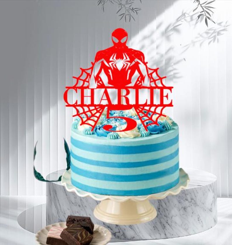 Personalized Superhero Birthday Cake Topper, Glitter Card Spider Web Design image 2