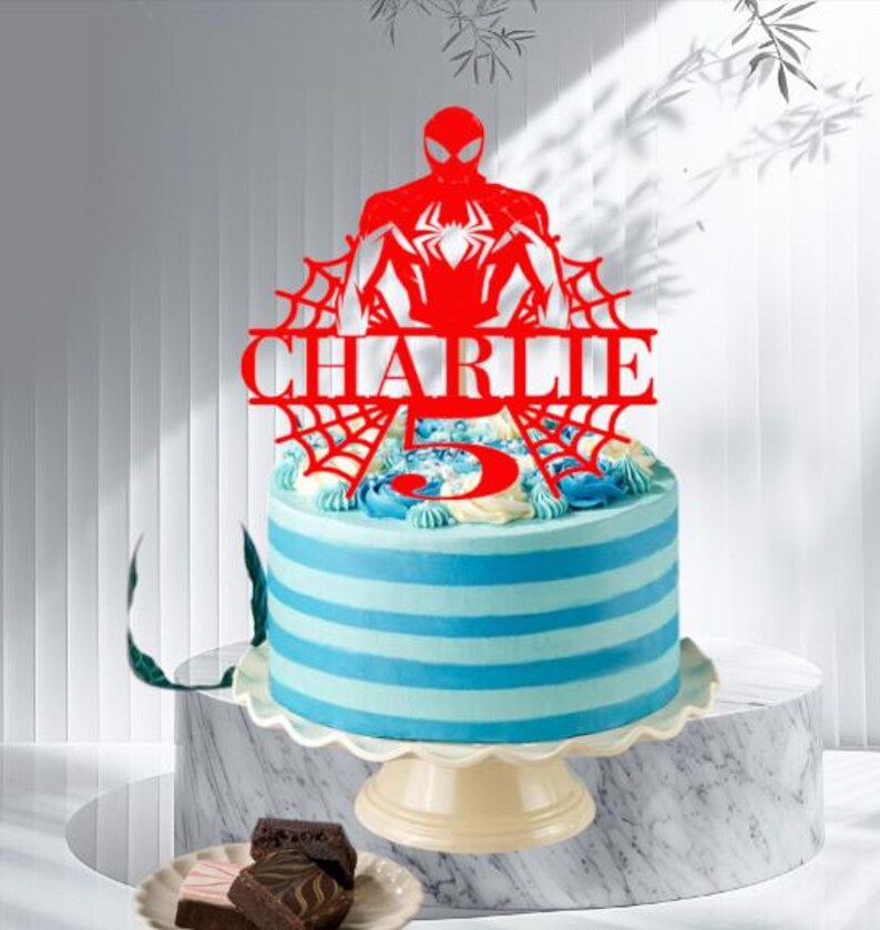 Personalized Superhero Birthday Cake Topper, Glitter Card Spider Web Design image 18