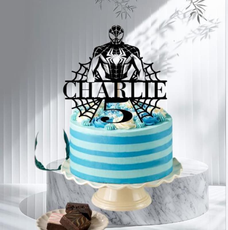 Personalized Superhero Birthday Cake Topper, Glitter Card Spider Web Design image 6