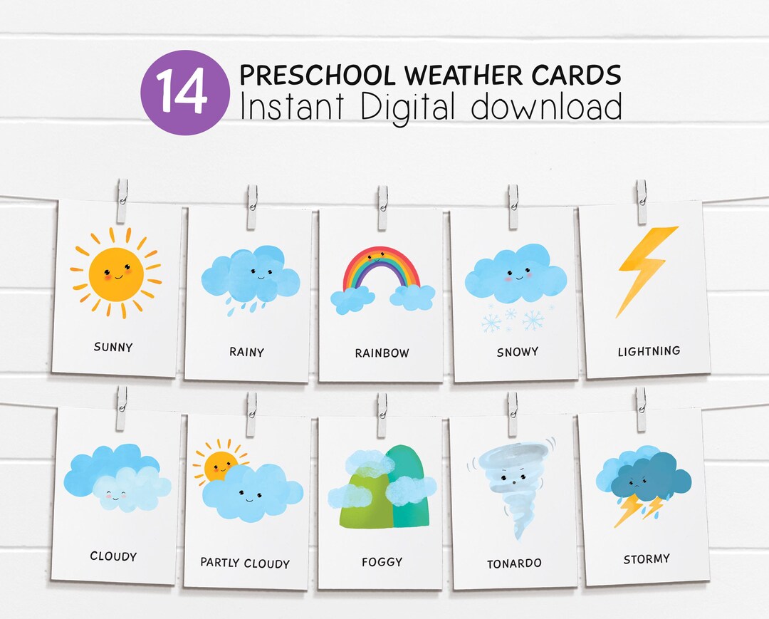 14 Weather Cards , Montessori Flashcards, Pre-school Cards, Rainbow ...