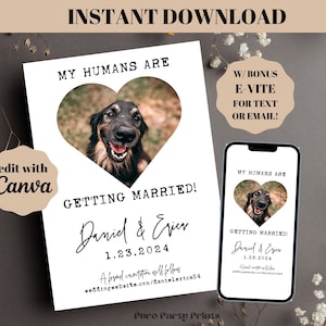 Mijn mensen gaan trouwen Huisdierfoto Save the Date, sjabloon voor aankondiging ouderbetrokkenheid bont, trouwaankondiging hond