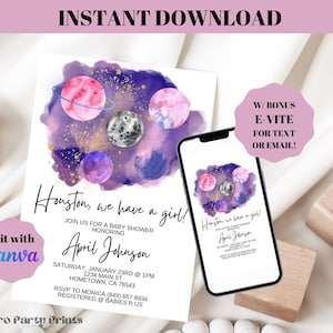 Editable Houston We Have A Girl Baby Shower Invitation Evite Printable Template Instant Download DIY Outer Space Galaxy Planets Moon G4