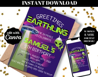 INSTANT Editable Alien UFO Birthday Party Invitation Any Age, DIY Digital Download Evite Space Ship Space Invite Area 51 Out of This World