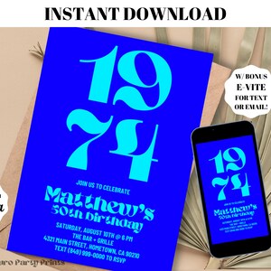 INSTANT Blue Retro 1974 50th Birthday Invitation Digital Download Editable Template Evite, Bday Surprise Party, Birth Year Party Invite