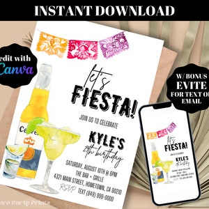 INSTANT Editable Let&#39;s Fiesta Birthday Party Invitation Evite Printable Template Download DIY Mexican Theme Party Invite