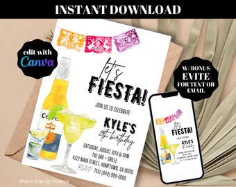 INSTANT Editable Let&#39;s Fiesta Birthday Party Invitation Evite Printable Template Download DIY Mexican Theme Party Invite