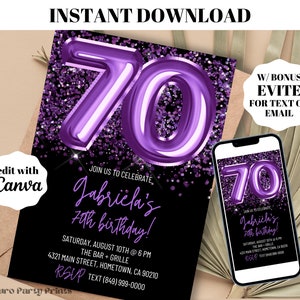 INSTANT Purple Balloons 70th Birthday Invitation, Digital Download Editable Template, Evite Text Invitation, 70th Birthday Party Invite