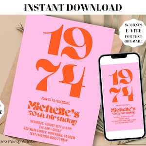 INSTANT Pink Retro 1974 50th Birthday Invitation Digital Download Editable Template Evite, Bday Surprise Party, Birth Year Party Invite Y1