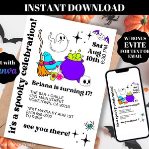 INSTANT Editable Spooky Celebration Halloween Birthday Party Invitation Digital Download Template Spooktacular Evite Any Age Ghost Witch Bat
