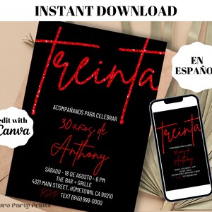 Convite INSTANT Red Glitter Treinta de 30 anos, modelo editável para download digital em ESPANHOL, Evite, Invitacion de Cumpleanos 30 Anos