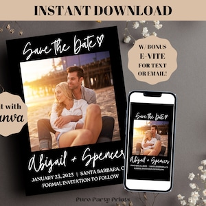 Modelo para salvar a data editável INSTANTÂNEO para casamento com foto, cartão minimalista para salvar a data, cartão postal de anúncios de noivado