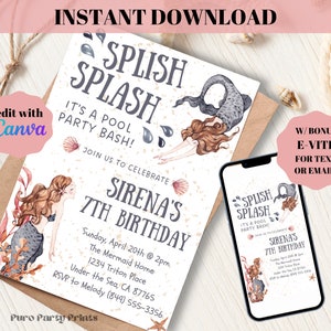 Editable Splish Splash Mermaid Pool Party Birthday Party Invitation Evite Printable Template Instant Download DIY Under the Sea Ocean Beach
