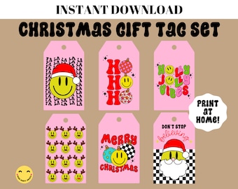 Pink Retro Smiley Face Christmas Gift Tags, Printable Christmas Favor Tags, Holiday Gift Tags Download, Groovy Christmas Gift Tag Set