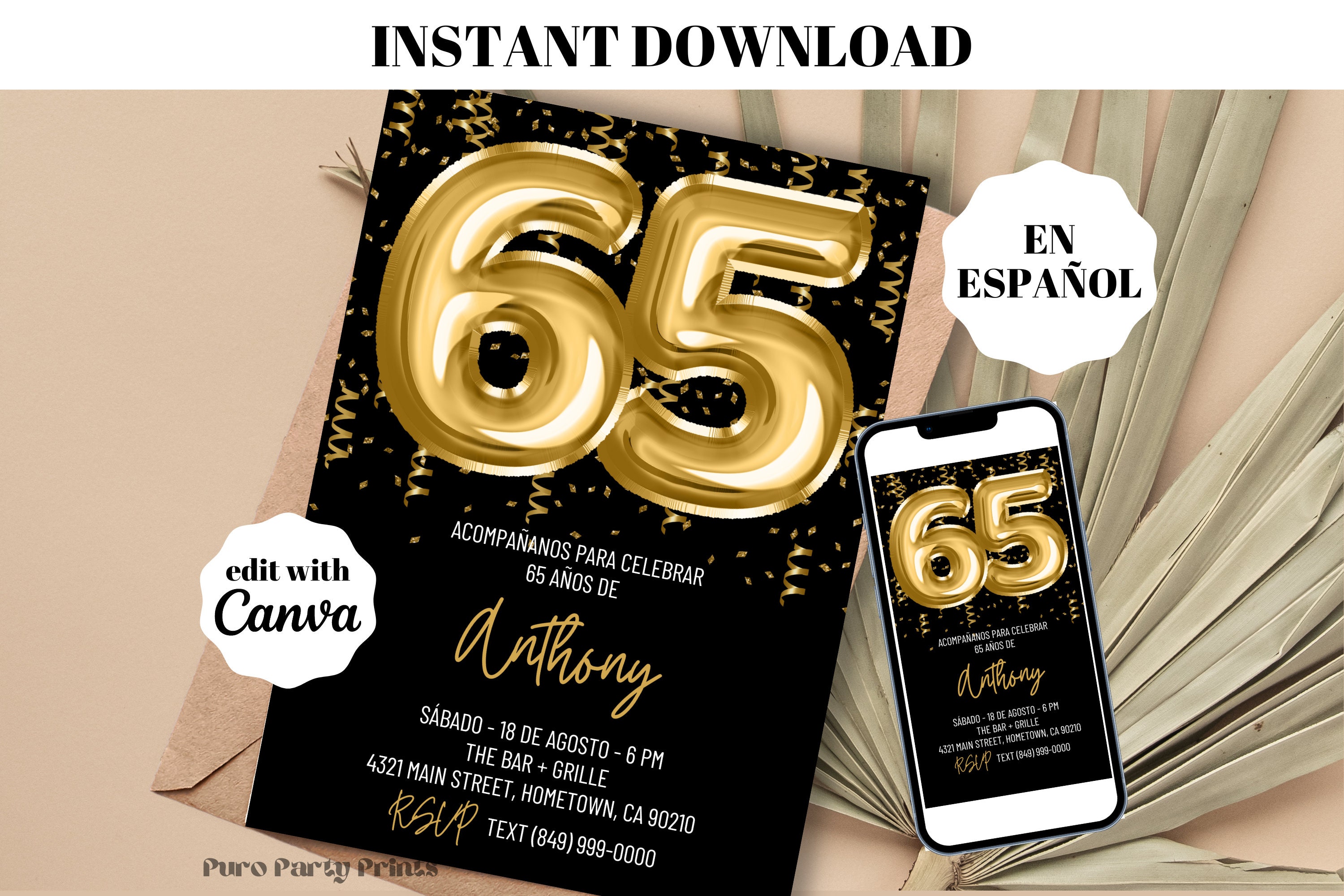 INSTANT Gold Balloons 65th Birthday Invitation, SPANISH Digital ...