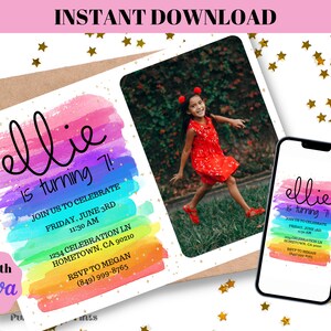 Editable Rainbow Birthday Invitation with Photo Any Age, DIY Digital Download Watercolor, Colorful Girl&#39;s Party, Glitter party R5