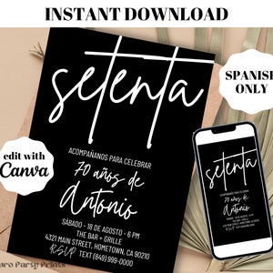 INSTANT Simple Modern Setenta 70th Birthday Invitation ESPAÑOL Descarga Digital Plantilla Editable Evite, Invitacion de Cumpleanos, 70 Anos