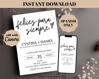 INSTANT Editable Happily Ever After Party Invitation in SPANISH, Wedding Elopement Party Invite Template, Minimalist Wedding Reception Evite