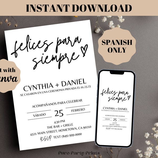 INSTANT Editable Happily Ever After Party Invitation in SPANISH, Wedding Elopement Party Invite Template, Minimalist Wedding Reception Evite