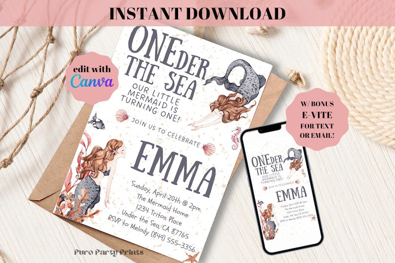 Editable Oneder The Sea Mermaid 1st First Birthday Party Invitation Evite Printable Template Instant Download DIY Ocean Beach