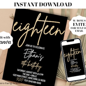INSTANT Minimalist Gold Eighteen 18th Birthday Invitation Digital Download Editable Template Evite Adult bday Invite Trendy Surprise Party