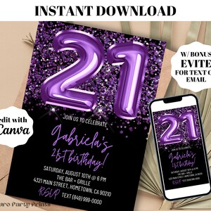 INSTANT Purple Balloons 21st Birthday Invitation, Digital Download Editable Template, Evite Text Invitation, 21st Birthday Party Invite