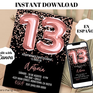 Convite de aniversário de 13 anos com balões de ouro rosa INSTANTÂNEOS, modelo editável para download digital em ESPANHOL, Evite, Invitacion de Cumpleanos 13 Anos