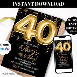 SOFORTIGER Goldballons 40. Geburtstag Einladung, digitaler Download bearbeitbare Vorlage, Evite, 40. Geburtstagsparty einladen, schwarz und Gold