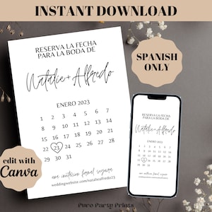インスタント編集可能結婚式用日付テンプレートを保存スペイン語 Reserva la Fecha Plantilla Para Boda Quinceanera カレンダー付き