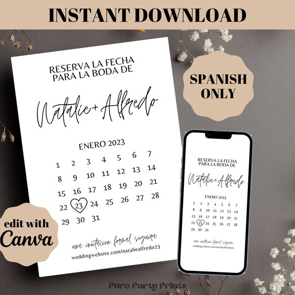 INSTANT Editable Save the Date Template For Wedding SPANISH Reserva la Fecha Plantilla Para Boda Quinceanera with Calendar