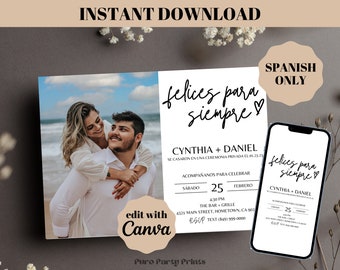 INSTANT Editable Felices Para Siempre Elopement Reception Invitation in SPANISH, Wedding Party Template, Minimalist Wedding Photo Invite