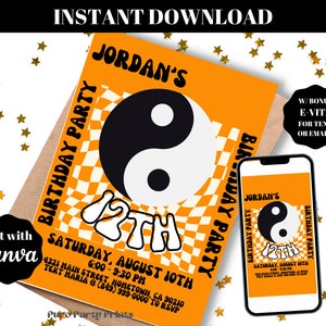 INSTANT Editable Yin Yang Birthday Party Invitation Evite Printable Template Instant Download DIY 2000s Retro Y2k 90s Aesthetic Groovy
