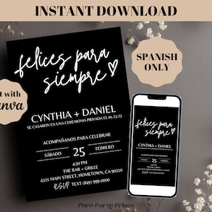 INSTANT Editable Happily Ever After Party Invitation in SPANISH, Wedding Elopement Party Invite Template, Minimalist Wedding Reception Evite