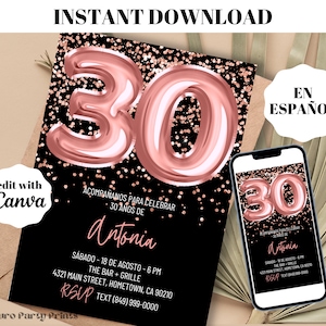 Invitation au 30e anniversaire des ballons en or rose, modèle modifiable ESPAGNOL, Evite, Invitacion de Cumpleanos 30 Anos, Trientanera
