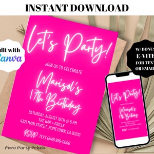 INSTANTE Editable Neón Blanco Rosa Caliente Let&#39;s Party Cumpleaños Invitación Plantilla de Descarga Digital Evite, Invitación de cumpleaños para adultos, Adolescente, niña, CUALQUIER EDAD
