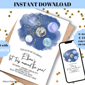 Editable 1st Trip Around the Sun Birthday Party Invitation Evite Printable Template Instant Download DIY Outer Space Galaxy Planets Moon
