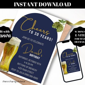 Editable Cheers and Beers Any Age Adult Birthday Party Invitation Evite Printable Template Instant Download DIY For Men Male Man Birthday