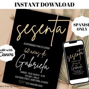 INSTANT Simple Gold Sesenta 60th Birthday Invitation SPANISH Digital Download Editable Template Evite, Adult bday Invite, 60 anos, modern