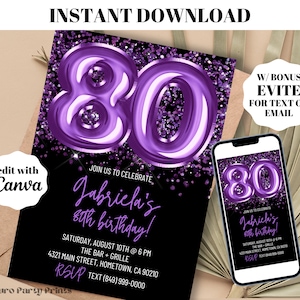 INSTANT Purple Balloons 80th Birthday Invitation, Digital Download Editable Template, Evite Text Invitation, 80th Birthday Party Invite