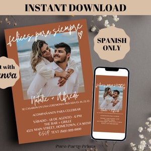 INSTANT Editable Happily Ever After Party Photo Invitation in SPANISH, Wedding Elopement Invite Template, Minimalist Wedding Reception Evite image 1