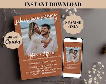 INSTANT Editable Happily Ever After Party Photo Invitation in SPANISH, Wedding Elopement Invite Template, Minimalist Wedding Reception Evite