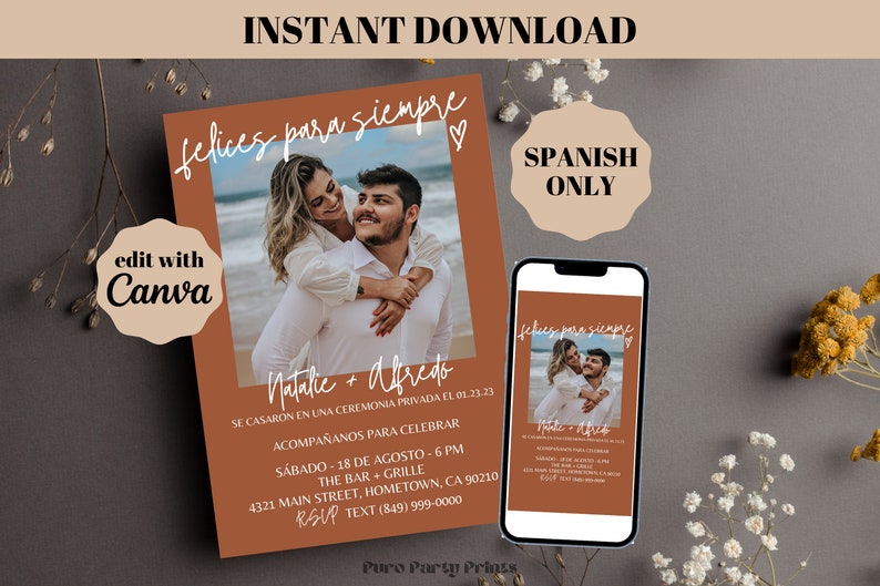 INSTANT Editable Happily Ever After Party Photo Invitation in SPANISH, Wedding Elopement Invite Template, Minimalist Wedding Reception Evite image 1