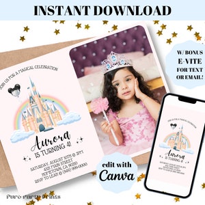 INSTANT Editable Princess Castle Birthday Invitation with Photo Any Age, DIY Digital Download Watercolor, Rainbow Party, Magical Party