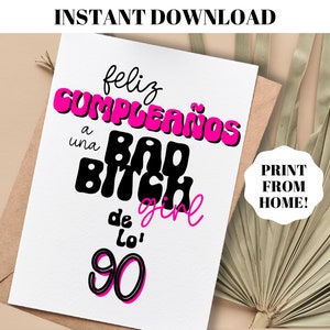 Feliz Cumpleanos a una Bad Bitch Girl de lo 90 Tarjeta de cumpleaños imprimible, Tarjeta de cumpleaños de Bad Bunny, Tarjeta digital de descarga instantánea