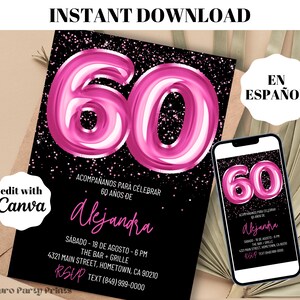 INSTANT Hot Pink Balloons 60th Birthday Invitation, SPANISH Digital Download Editable Template, Evite, Invitacion de Cumpleanos 60 Anos