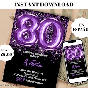 INSTANT paarse ballonnen 80e verjaardagsuitnodiging, SPAANSE digitale download bewerkbare sjabloon, Evite, Invitacion de Cumpleanos, 80 Anos