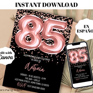 INSTANT Rose Gold ballonnen 85e verjaardagsuitnodiging, SPAANSE digitale download bewerkbare sjabloon, Evite, Invitacion de Cumpleanos 85 Anos
