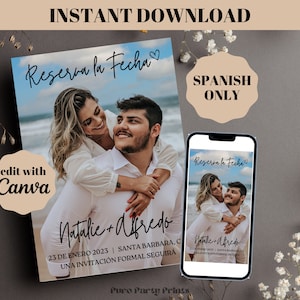 結婚式、スペイン語 Reserva la Fecha Plantilla Para Boda Quinceanera 婚約用のインスタント編集可能な日付フォト カード テンプレートを保存